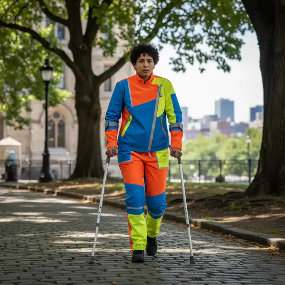 Person using crutches wearing bold adaptive outerwear
