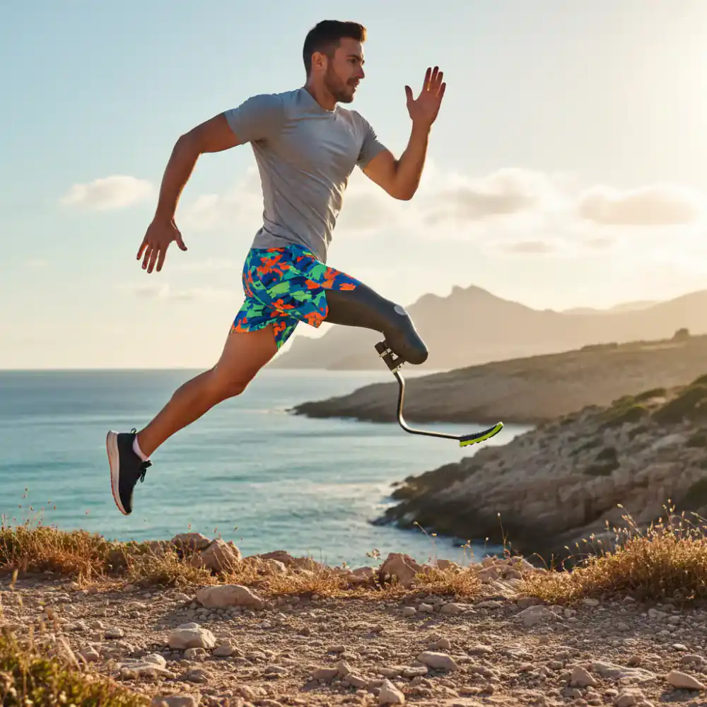 Athletic individual with a prosthetic leg modeling dynamic shorts