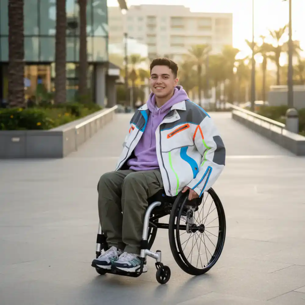 Young person in a wheelchair wearing OpenSeam vibrant streetwear jacket