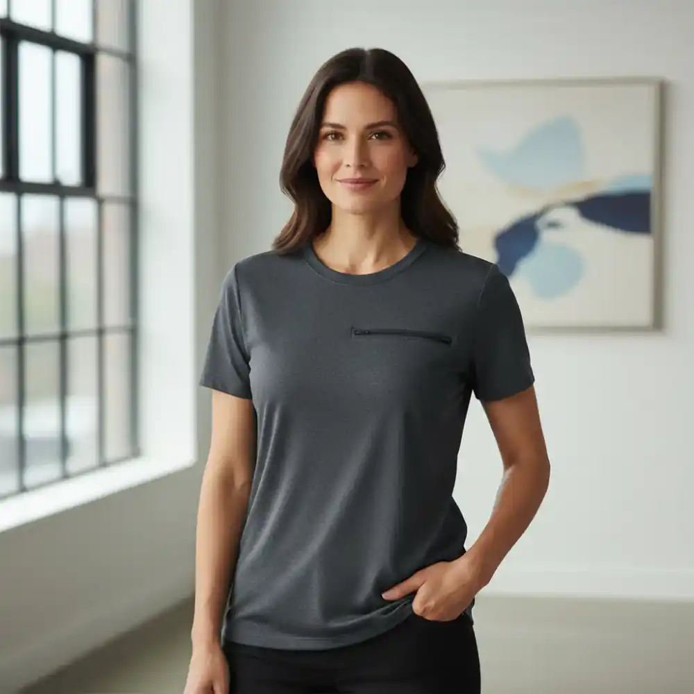 Person showcasing a top with discreet chest port access