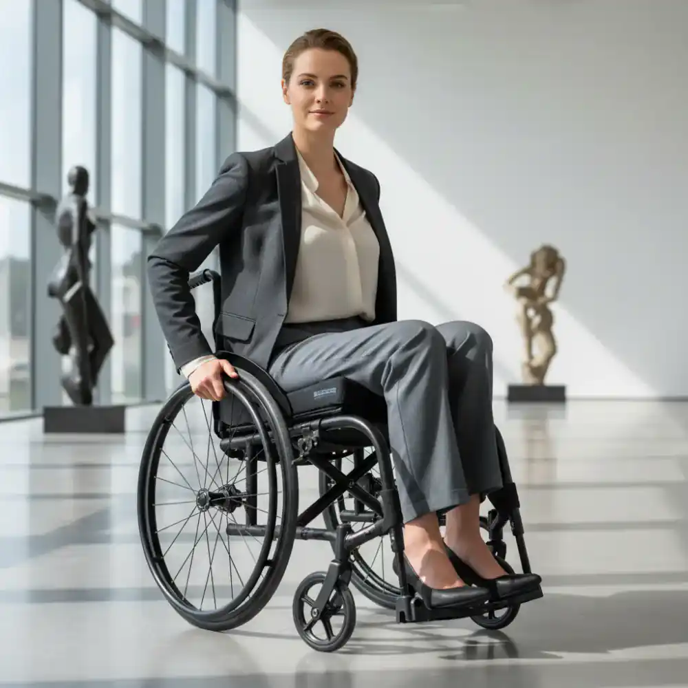 Model sitting in a wheelchair wearing tailored slate trousers, highlighting a sleek silhouette.