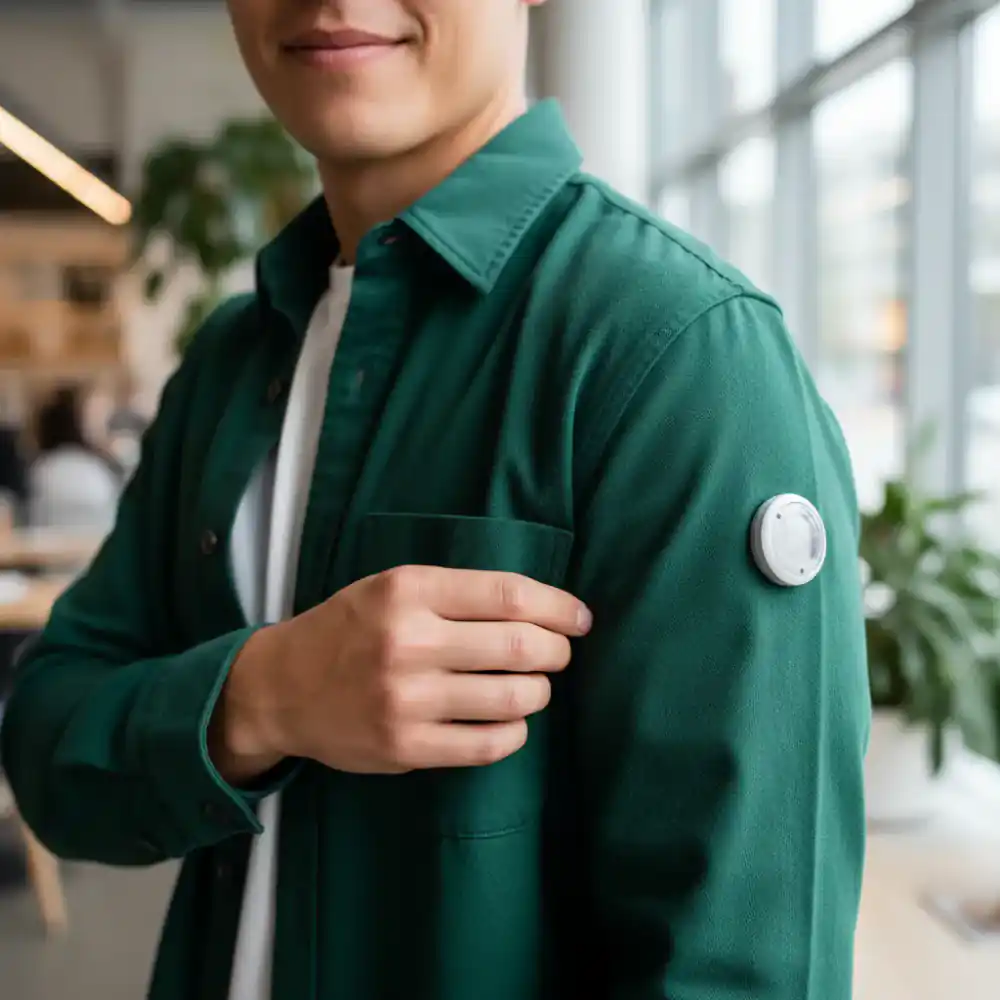 Person with a visible continuous glucose monitor interacting with the side seam of an emerald green overshirt.