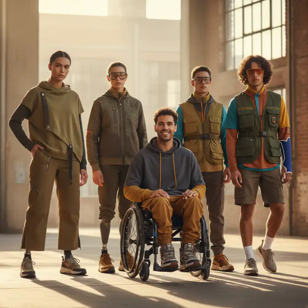 Diverse group of young people modeling adaptive streetwear.