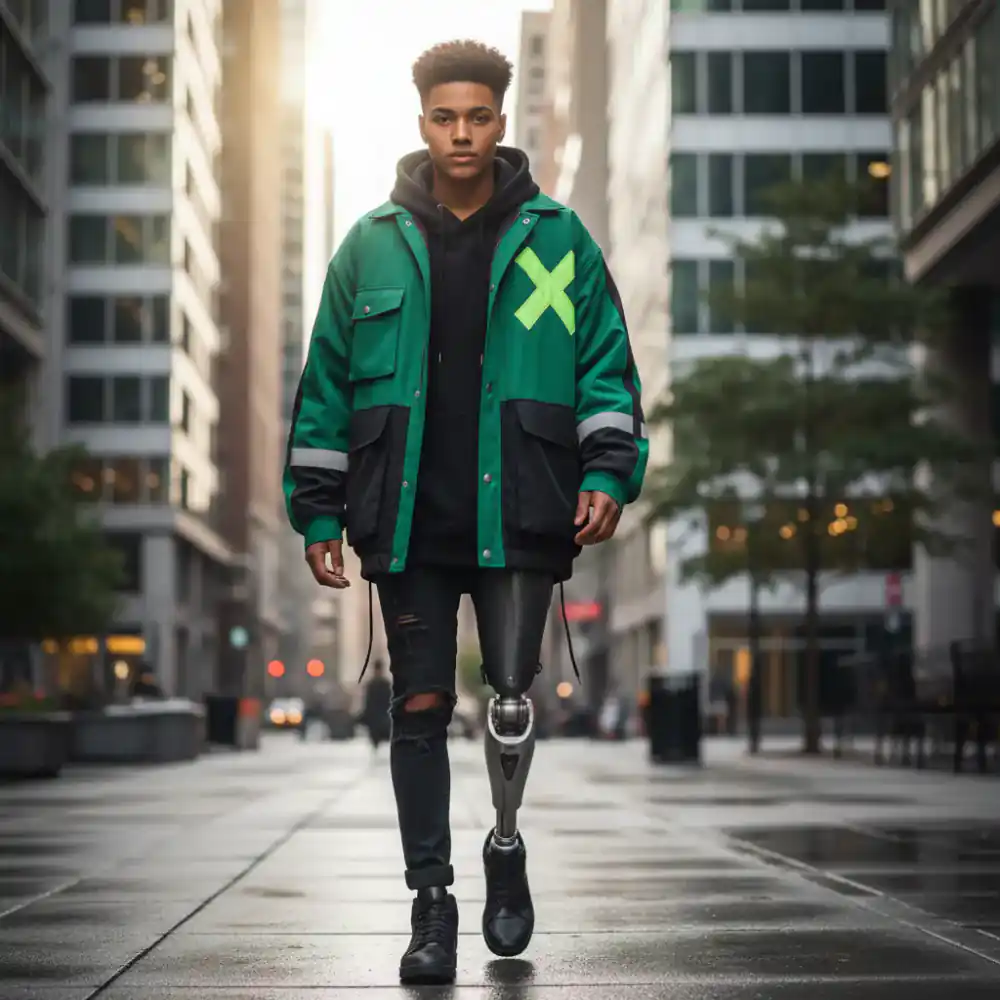 Young person with visible prosthetic wearing a vibrant green and black streetwear jacket