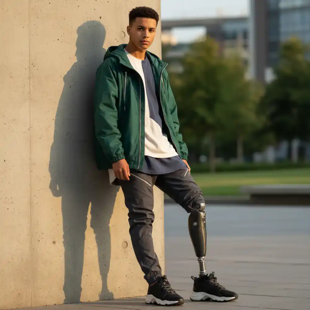 Young person with a prosthetic leg wearing stylish adaptive streetwear