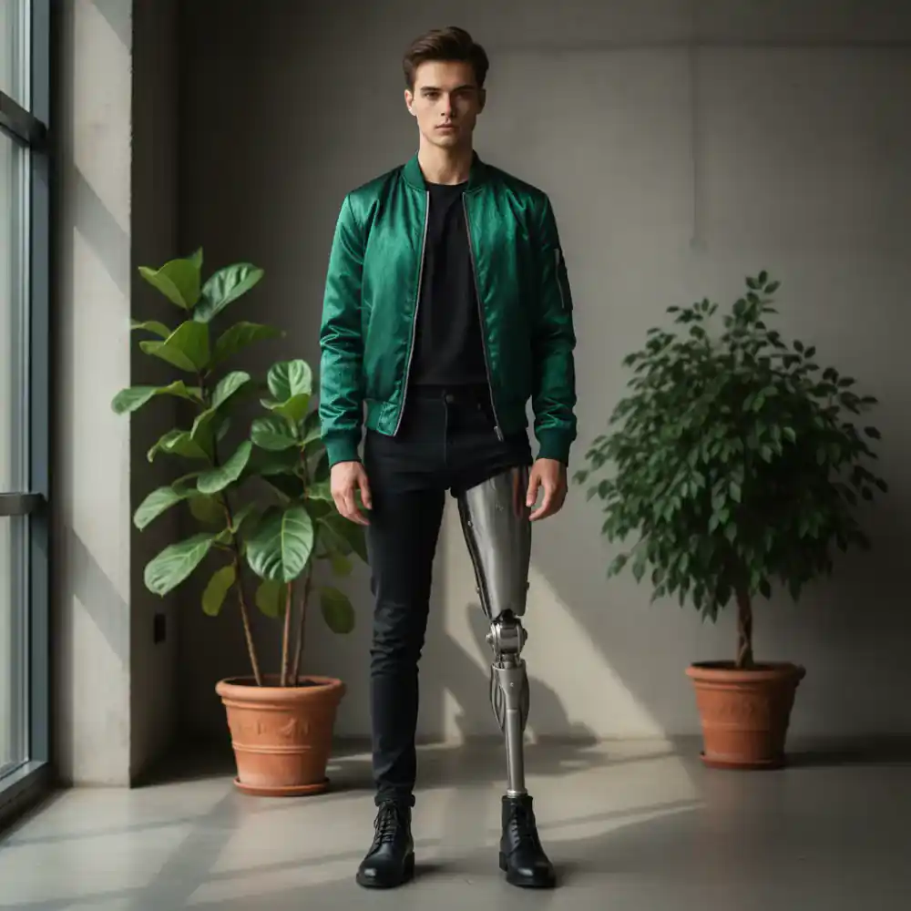 A young person with a prosthetic limb wearing a stylish emerald green jacket and dark trousers, looking confidently at the camera.