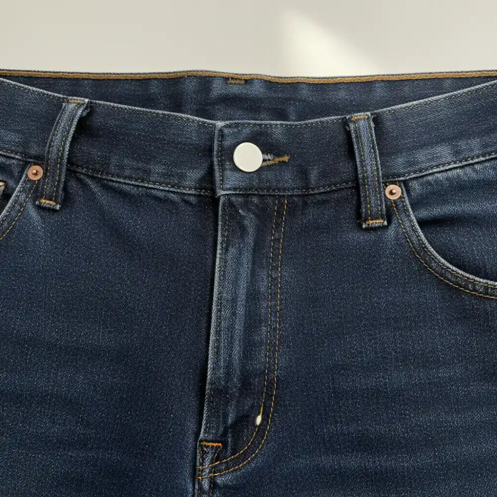Close up of magnetic closures on stylish dark denim trousers