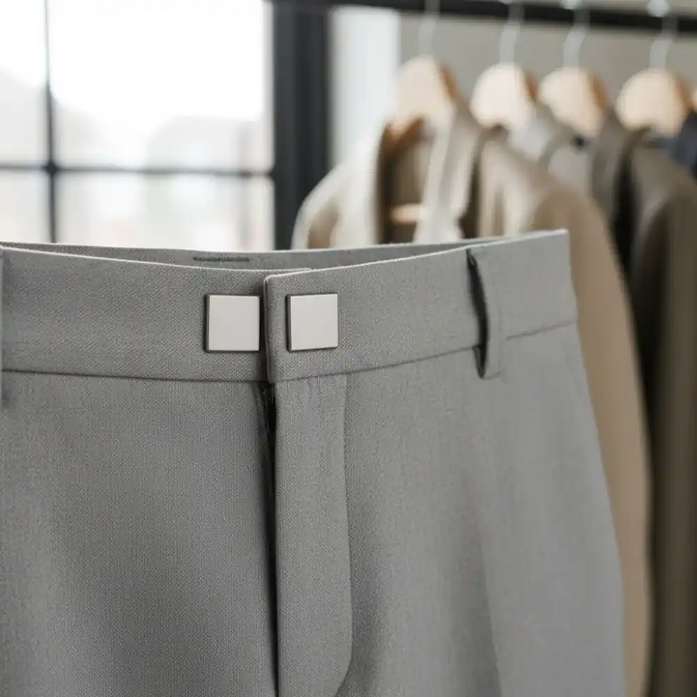 Close-up of magnetic closure on modern tailored trousers