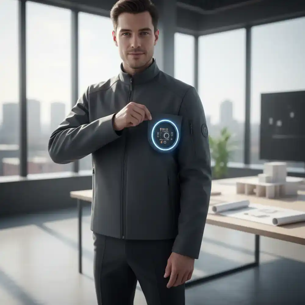 Person showcasing sensor-access port built into stylish jacket